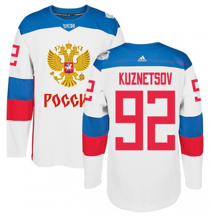 Men's Adidas Team Russia #92 Evgeny Kuznetsov Premier White Home 2016 World Cup of Hockey Jersey