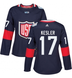 Women's Adidas Team USA #17 Ryan Kesler Authentic Navy Blue Away 2016 World Cup Hockey Jersey
