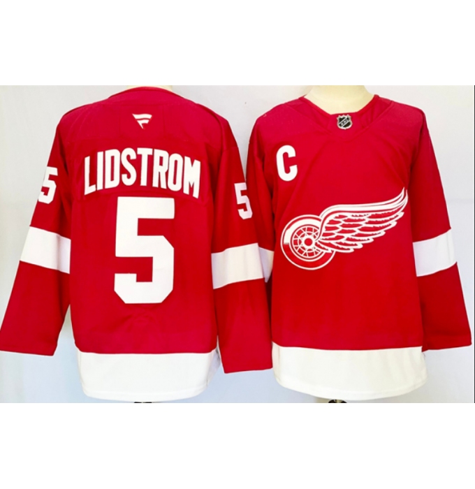 Men's Detroit Red Wings #5 Nicklas Lidstrom Red 2024-25 Stitched Jersey