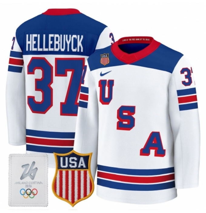 Men's USA #37 Connor Hellebuyck Home White 2026 Olympic Hockey Jersey