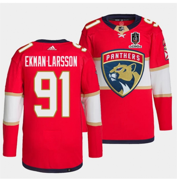 Men's Florida Panthers #91 Oliver Ekman-Larsson Red Home 2024 Stanley Cup Champions Stitched Jersey