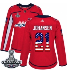 Women's Adidas Washington Capitals #21 Lucas Johansen Authentic Red USA Flag Fashion 2018 Stanley Cup Final Champions NHL Jersey