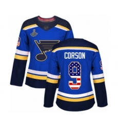 Women's St. Louis Blues #9 Shayne Corson Authentic Blue USA Flag Fashion 2019 Stanley Cup Champions Hockey Jersey