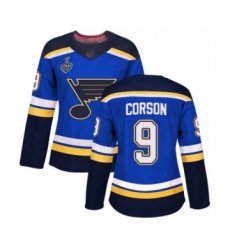 Women's St. Louis Blues #9 Shayne Corson Authentic Royal Blue Home 2019 Stanley Cup Final Bound Hockey Jersey
