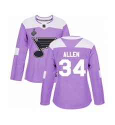 Women's St. Louis Blues #34 Jake Allen Authentic Purple Fights Cancer Practice 2019 Stanley Cup Final Bound Hockey Jersey