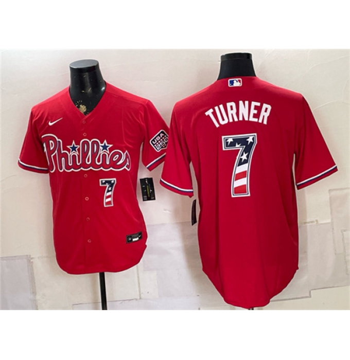 Men's Philadelphia Phillies #7 Trea Turner Red USA 250 Fourth of July Home Stitched Baseball Jersey