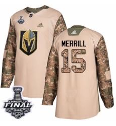 Men's Adidas Vegas Golden Knights #15 Jon Merrill Authentic Camo Veterans Day Practice 2018 Stanley Cup Final NHL Jersey