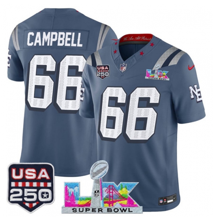 Men's New England Patriots #66 Will Campbell Storm Blue 2025 F.U.S.E. Super Bowl LX & USA 250 “Rivalries” Vapor Limited Football Stitched Jersey