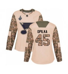 Women's St. Louis Blues #45 Luke Opilka Authentic Camo Veterans Day Practice 2019 Stanley Cup Final Bound Hockey Jersey
