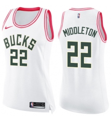 Women's Nike Milwaukee Bucks #22 Khris Middleton Swingman White/Pink Fashion NBA Jersey