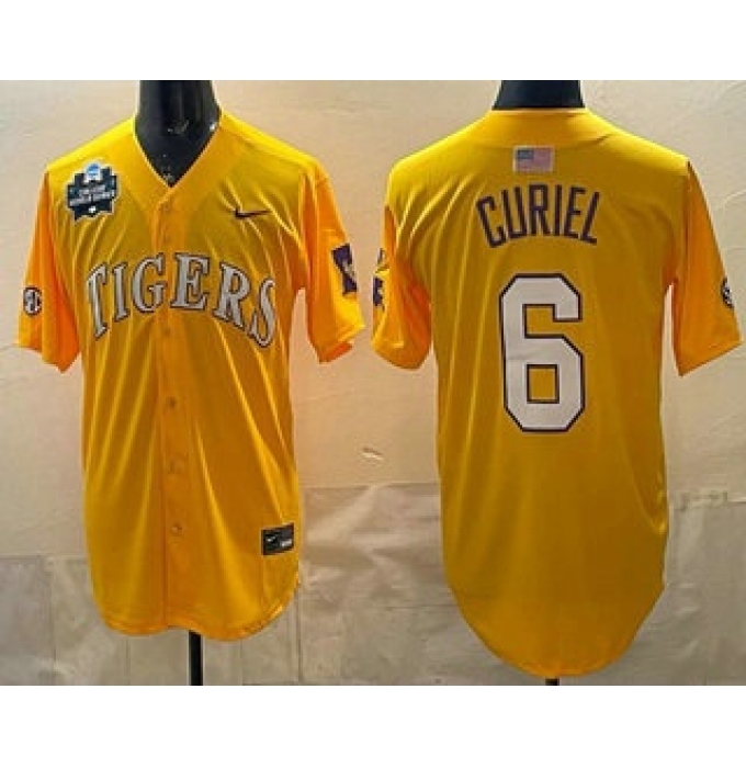 Men's LSU Tigers #6 Derek Curiel Gold 2025 World Series SEC Stitched Baseball Jersey