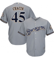 Men's Majestic Milwaukee Brewers #45 Jhoulys Chacin Replica Grey Road Cool Base MLB Jersey