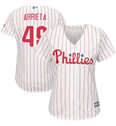Women's Majestic Philadelphia Phillies #49 Jake Arrieta Authentic White/Red Strip Home Cool Base MLB Jersey