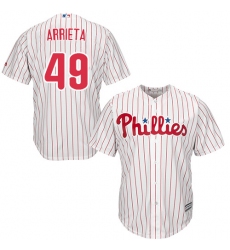 Youth Majestic Philadelphia Phillies #49 Jake Arrieta Authentic White/Red Strip Home Cool Base MLB Jersey