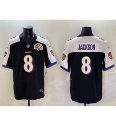 Men's Baltimore Ravens #8 Lamar Jackson Black White 2023 F U S E With Throwback Vapor Limited Jersey