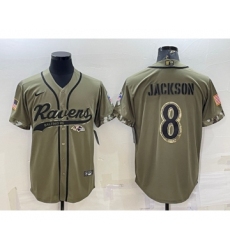 Men's Baltimore Ravens #8 Lamar Jackson Olive 2022 Salute to Service Cool Base Stitched Baseball Jersey