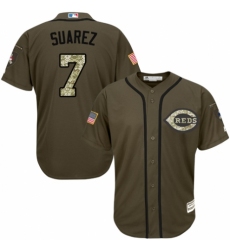 Men's Majestic Cincinnati Reds #7 Eugenio Suarez Authentic Green Salute to Service MLB Jersey