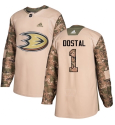 Men's Adidas Anaheim Ducks #1 Lukas Dostal Authentic Camo Veterans Day Practice NHL Jersey