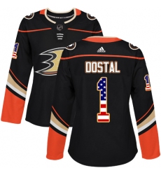 Women's Adidas Anaheim Ducks #1 Lukas Dostal Authentic Black USA Flag Fashion NHL Jersey