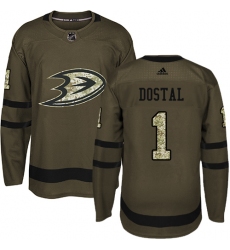 Youth Adidas Anaheim Ducks #1 Lukas Dostal Authentic Green Salute to Service NHL Jersey