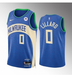 Men's Milwaukee Bucks #0 Damian Lillard Blue 2023-24 City Edition Stitched Basketball Jersey