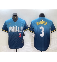 Mens Philadelphia Phillies #3 Bryce Harper Number Blue 2024 City Connect Limited Stitched Jersey