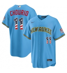 Men's Milwaukee Brewers #11 Jackson Chourio Blue 2026 USA 250 Fourth of July Home Stadium Stitched Baseball Jersey