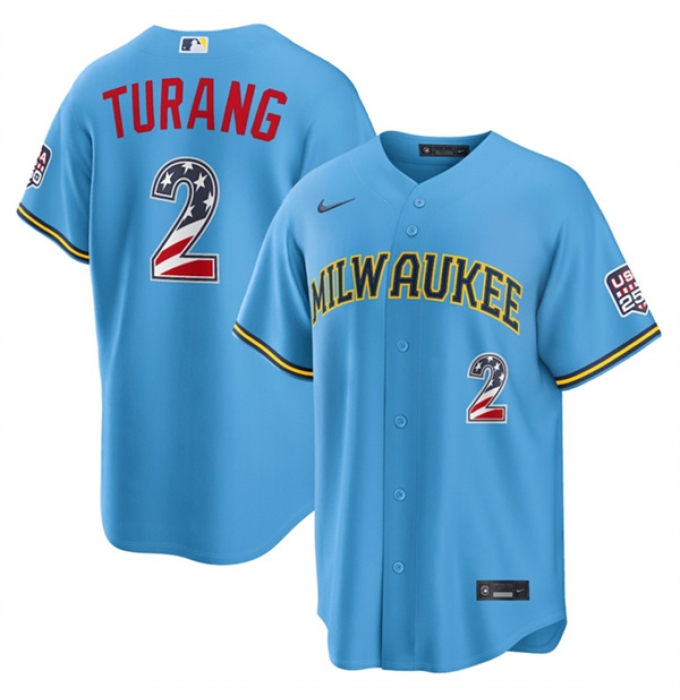 Men's Milwaukee Brewers #2 Brice Turang Blue 2026 USA 250 Fourth of July Home Stadium Stitched Baseball Jersey