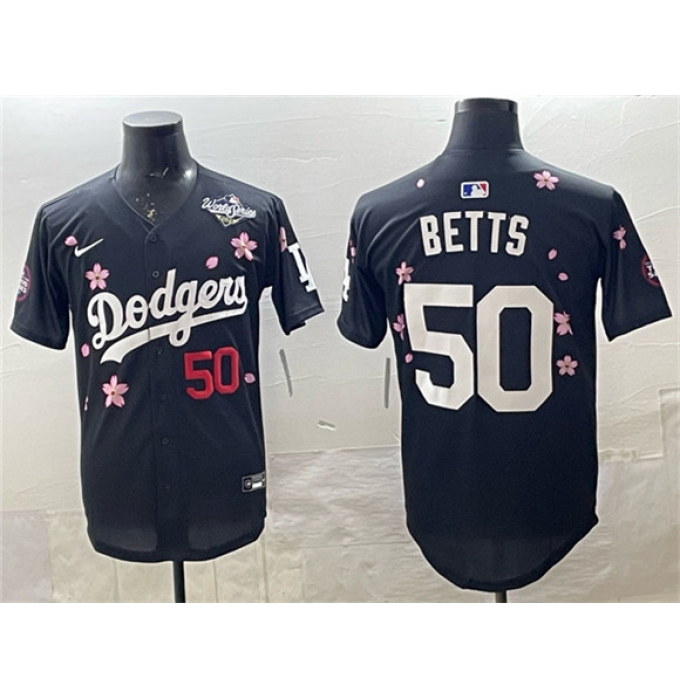 Men's Los Angeles Dodgers #50 Mookie Betts Black 2025 World Series Tokyo Series Limited Stitched Baseball Jersey