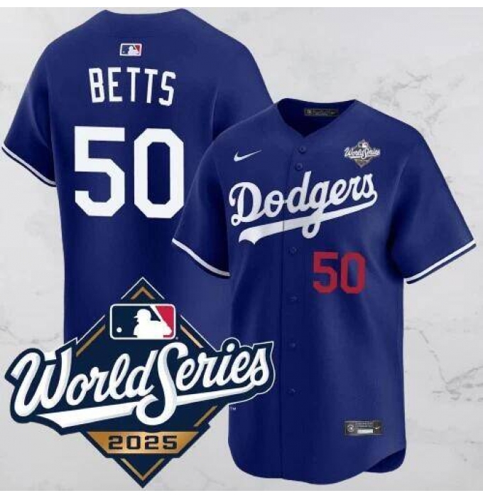 Men's Los Angeles Dodgers #50 Mookie Betts Blue 2025 World Series Vapor Limited Stitched Jersey