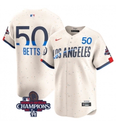 Men's Los Angeles Dodgers #50 Mookie Betts Cream 2024 World Series Champions City Connect Limited Stitched Baseball Jersey