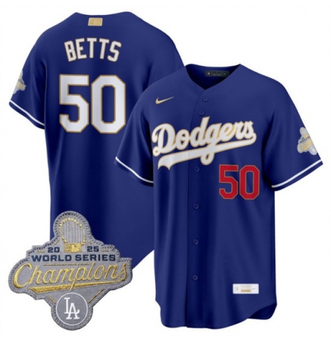 Men's Los Angeles Dodgers #50 Mookie Betts Royal 2026 Alternate Gold Collection Stadium Stitched Baseball Jersey