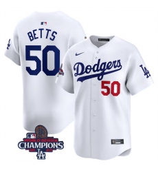 Men's Los Angeles Dodgers #50 Mookie Betts White 2024 World Series Champions Home Limited Stitched Baseball Jersey