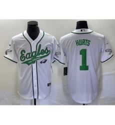 Men's Nike Philadelphia Eagles #1 Jalen Hurts White Cool Base Stitched Baseball Jersey