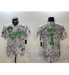 Men's Philadelphia Eagles #1 Jalen Hurts Arctic Camo 2024 Salute to Service Stitched Baseball Jerseys