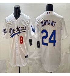 Men's Los Angeles Dodgers Front #8 Back #24 Kobe Bryant White Gold With 2025 World Series Champions Stitched Baseball Jersey
