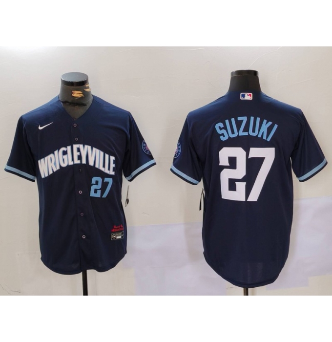 Men's Chicago Cubs #27 Seiya Suzuki Number Navy City Connect Cool Base Stitched Jersey