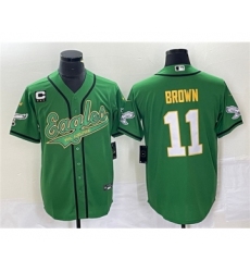 Men's Nike Philadelphia Eagles #11 A. J. Brown Green Gold C Cool Base Baseball Stitched Jersey