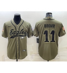 Men's Philadelphia Eagles #11 A. J. Brown Olive 2022 Salute To Service Cool Base Stitched Baseball Jersey