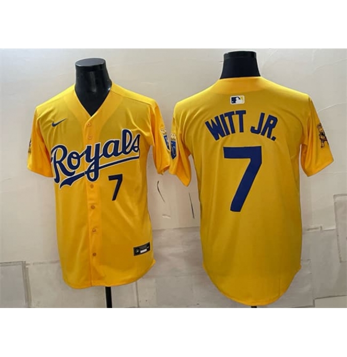 Men's Kansas City Royals #7 Bobby Witt Jr. Gold Sluggerrr Vapor Limited Stitched Baseball Jersey