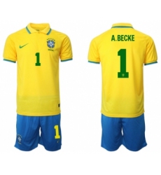 Men's Brazil #1 A. Becke Yellow Home Soccer Jersey Suit