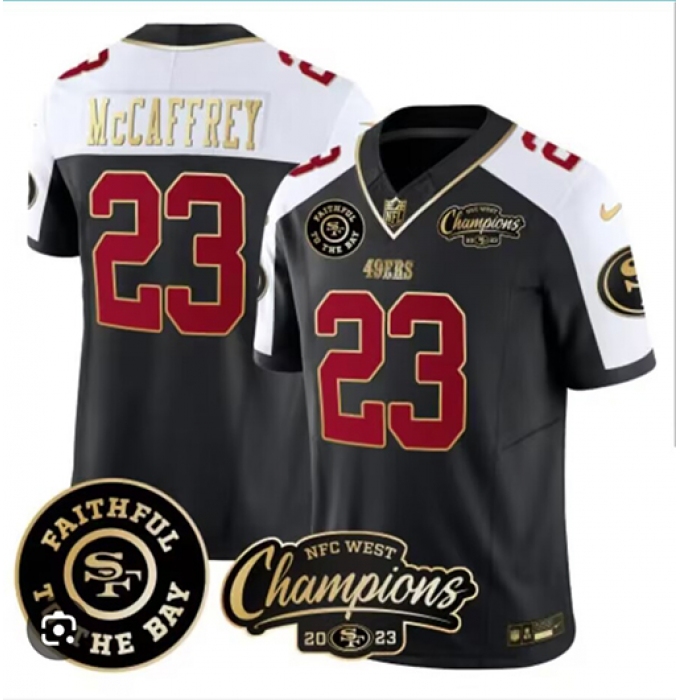 Men San Francisco 49ers #23 Christian McCaffrey White Balck 2023 F U S E With 3 Star And Faithful To The Bay Stitched Football Jersey