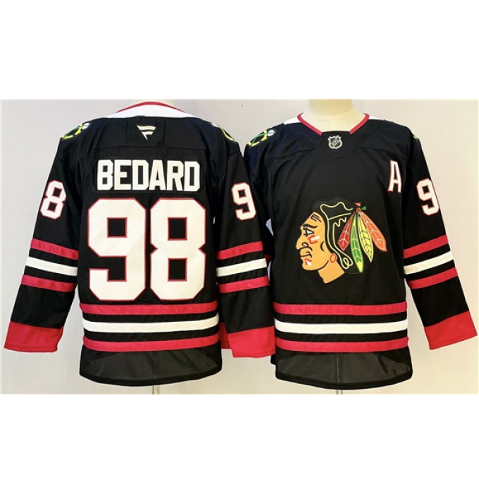 Men's Chicago Blackhawks #98 Connor Bedard Black With A Stitched Hockey Jersey