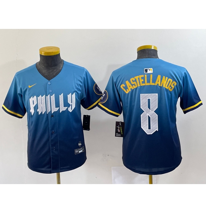 Youth Philadelphia Phillies #8 Nick Castellanos Blue 2024 City Connect Limited Stitched Jersey