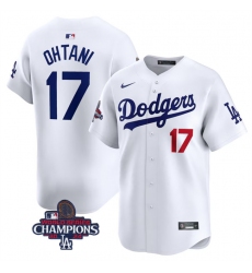 Men's Los Angeles Dodgers #17 Shohei Ohtani White 2024 World Series Champions Home Limited Stitched Baseball Jersey