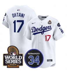 Men's Los Angeles Dodgers #17 Shohei Ohtani White 2024 World Series With Fernando Memorial Limited Stitched Baseball Jersey