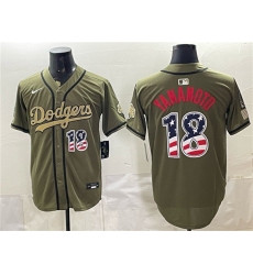 Men's Los Angeles Dodgers #18 Yoshinobu Yamamoto Olive 2026 Armed Forces Day USA 250 Fourth of July Stitched Baseball Jersey