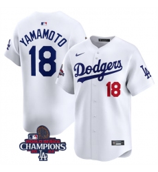 Men's Los Angeles Dodgers #18 Yoshinobu Yamamoto White 2024 World Series Champions Home Limited Stitched Baseball Jersey