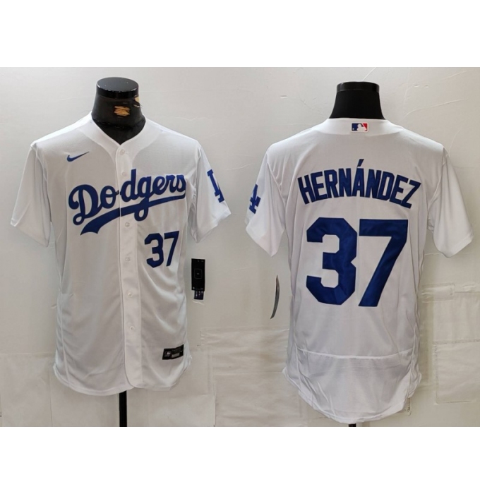 Men's Los Angeles Dodgers #37 Teoscar Hernandez Number White Flex Base Stitched Jerseys