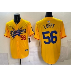 Men's Los Angeles Dodgers x One Piece #56 Luffy Yellow Vapor Premier Limited Stitched Baseball Jersey